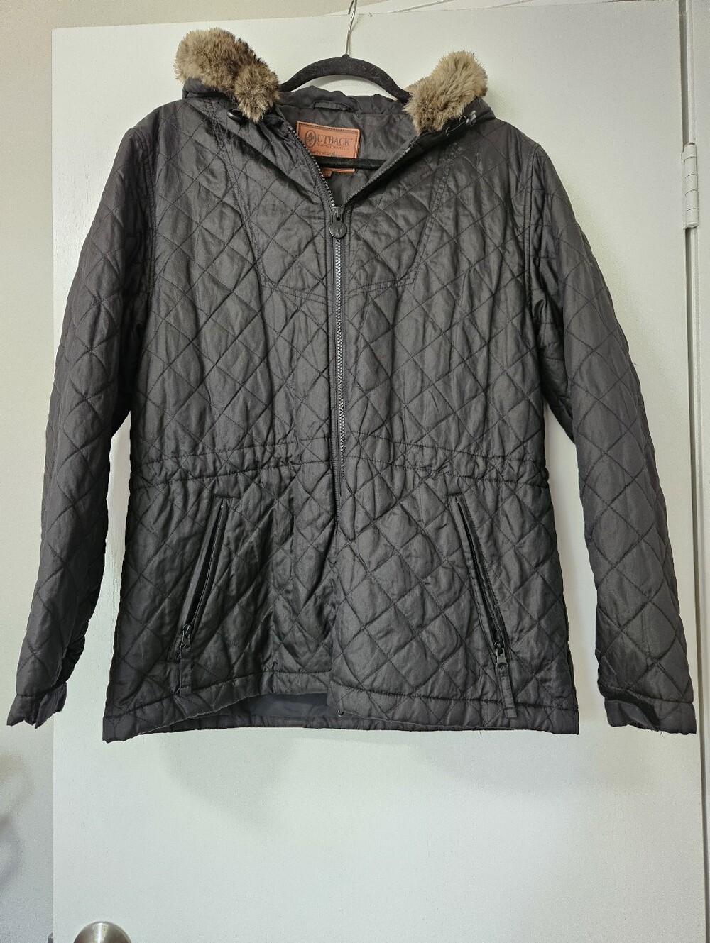 Outback Trading Co Radiance Black Quilted Hooded Jacket Faux Fur Trim Size L